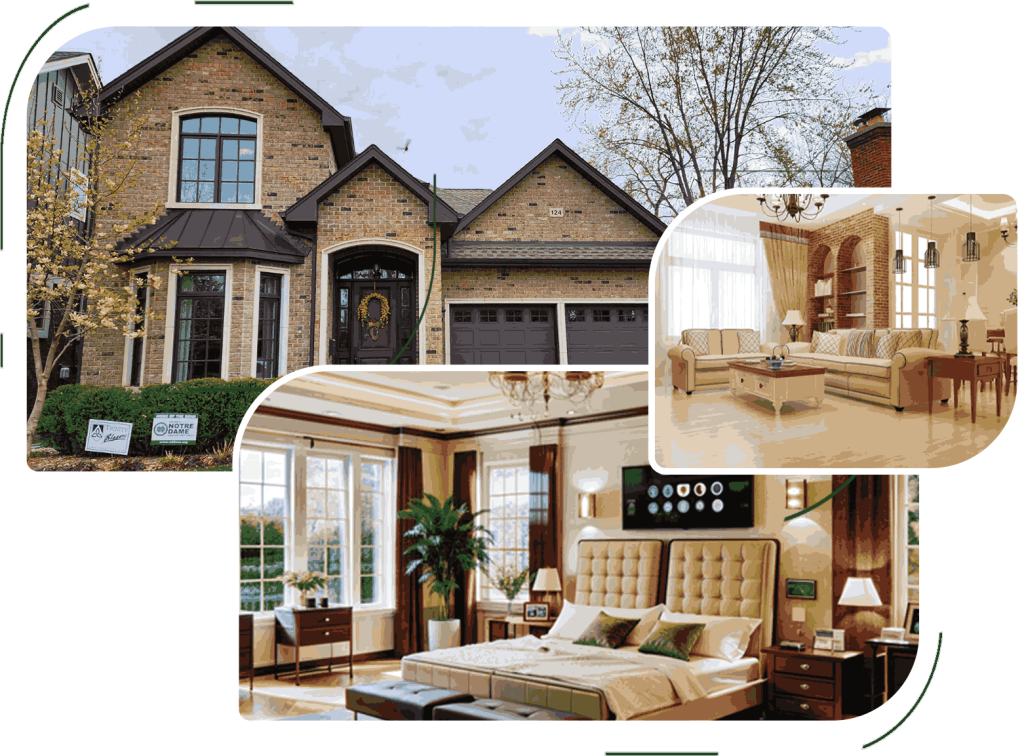 Collage of a luxurious house exterior and interiors.